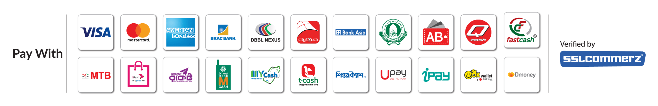 পেমেন্ট মেথড: Visa, Mastercard, American Express, bKash, Rocket এবং অন্যান্য ব্যাংক ও ওয়ালেট — SSLCommerz
